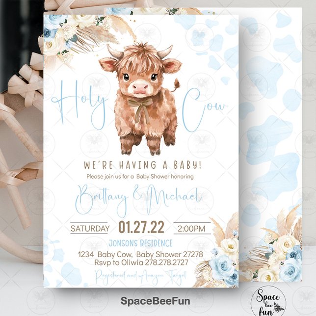 Invitation Highland Cow Saint-Vache baby shower garçon (highland cow baby shower, holy cow baby shower, baby shower invitation, boy baby shower, farm animal)
