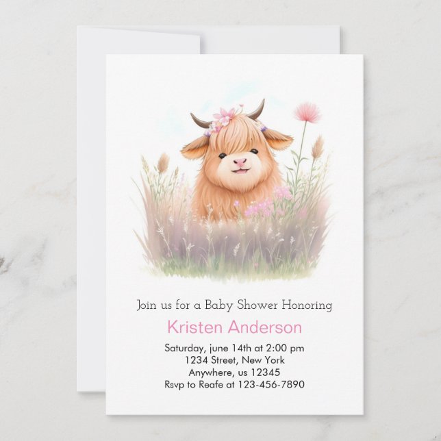 Invitation Highland Cow Watercolor Baby shower fille (Devant)