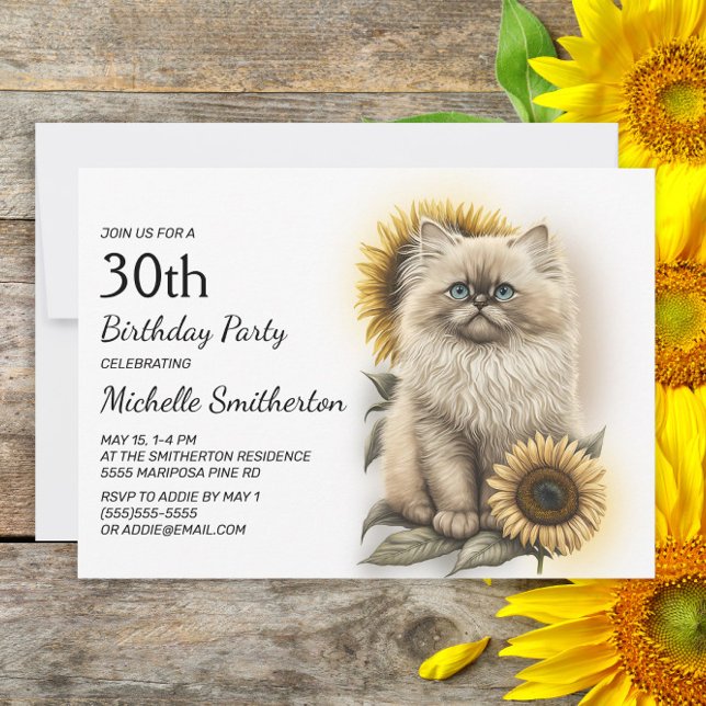 Invitation Himalaya Kitten Chat Sunflowers 30e anniversaire (Créateur téléchargé)