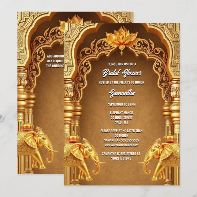 Invitation Hindi Hindou or éléphants lotus fleur asien (Devant / Derrière)