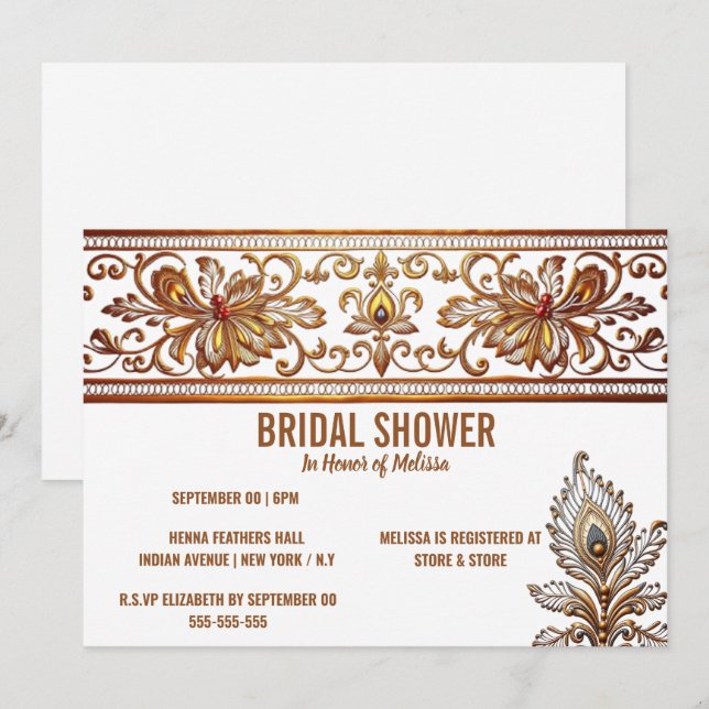 Invitation Hindi mariée indienne or paon plumes henné chic (Devant / Derrière)