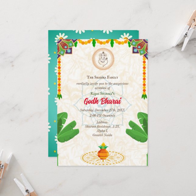 Invitation hindoue du Baby shower indien Godh Bhar (Devant/Arrière en situation)