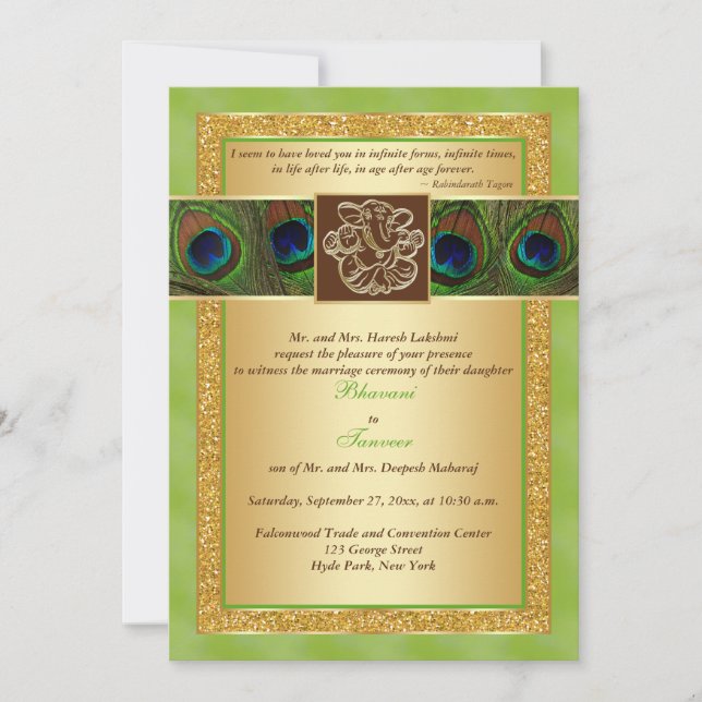Invitation Hindu Ganesh Green, Gold Peacock Wedding Invitatio (Devant)