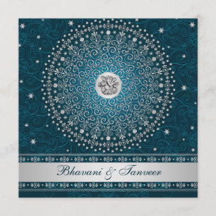Invitation Hindu Ganesh Turquoise, Silver Scrolls Mariage Inv
