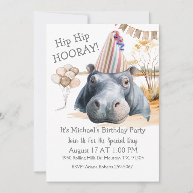 Invitation Hip Hip Hooray Hippo Birthday (Devant)