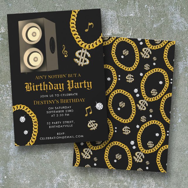 Invitation Hip Hop Gold Chain Subwoofer 80's 90's Birthday (Hip Hop Gold Chain Subwoofer 80's 90's Birthday Invitation)