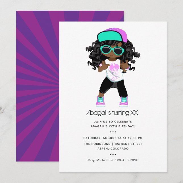 Invitation Hip hop thème Fille Anniversaire (Devant / Derrière)