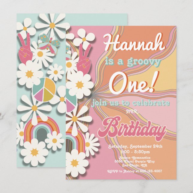 Invitation Hippie Flower Power les années 70 60s Anniversaire (Devant / Derrière)