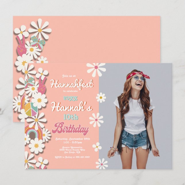 Invitation Hippie Flower Power les années 70 60s Anniversaire (Devant / Derrière)