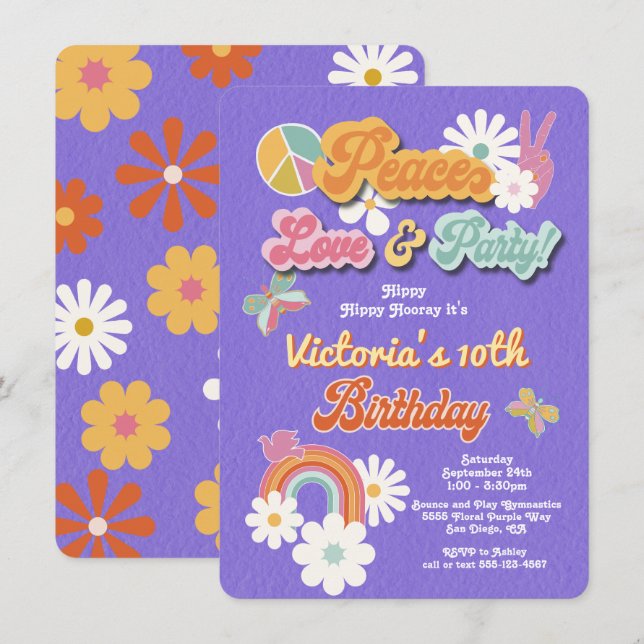Invitation Hippie Flower Power les années 70 60s Anniversaire (Devant / Derrière)