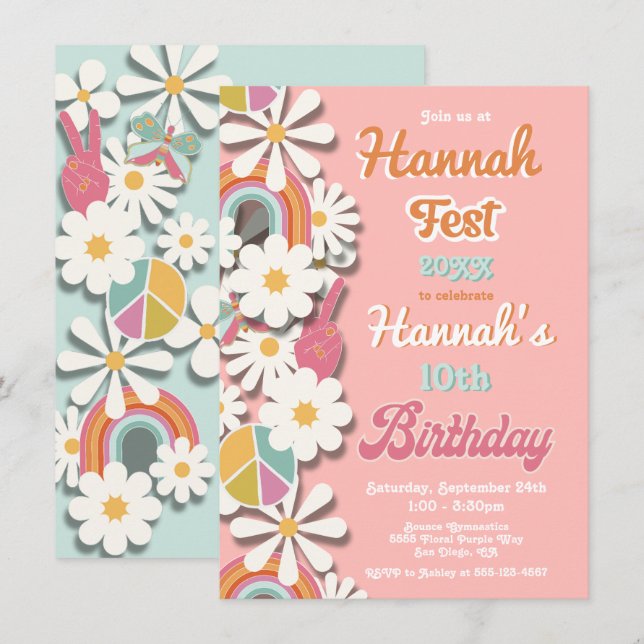 Invitation Hippie Flower Power les années 70 60s fête d'anniv (Devant / Derrière)