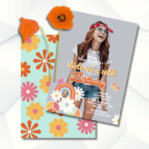 Invitation Hippie Flower Power Photo 70s Birthday Party