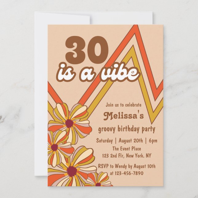 Invitation Hippie Flower Retro les années 70 Zigzag 30e anniv (Devant)