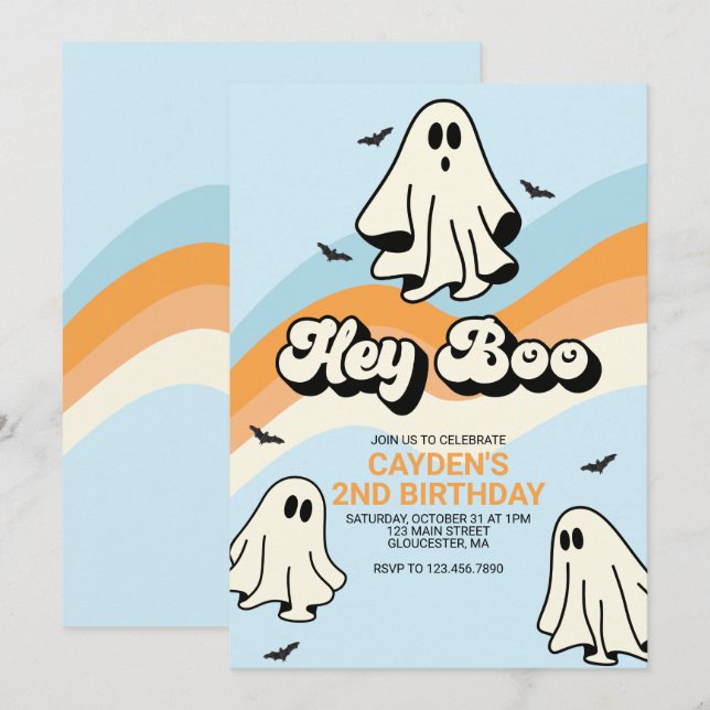 Invitation Hippie Halloween Retro Ghost Hey Boo bleu (Devant / Derrière)