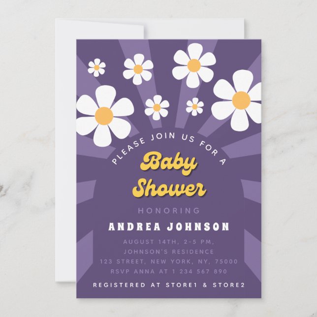Invitation Hippie super violet rétro les années 70 Baby showe (Devant)