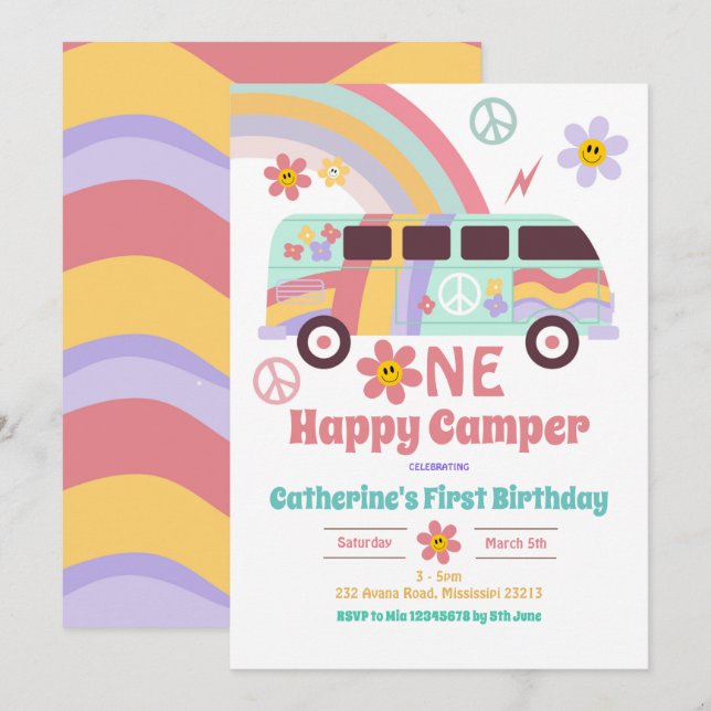 Invitation Hippie Van One Happy Camper Premier Anniversaire (Devant / Derrière)