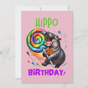 Invitation Hippo Anniversaire Joyeux, Coloré Candy Swirl