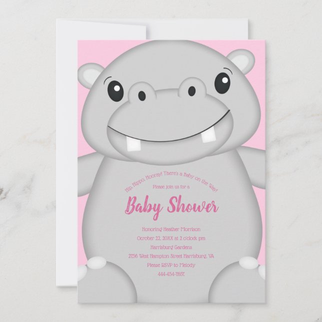 Invitation Hippo Baby shower rose (Devant)