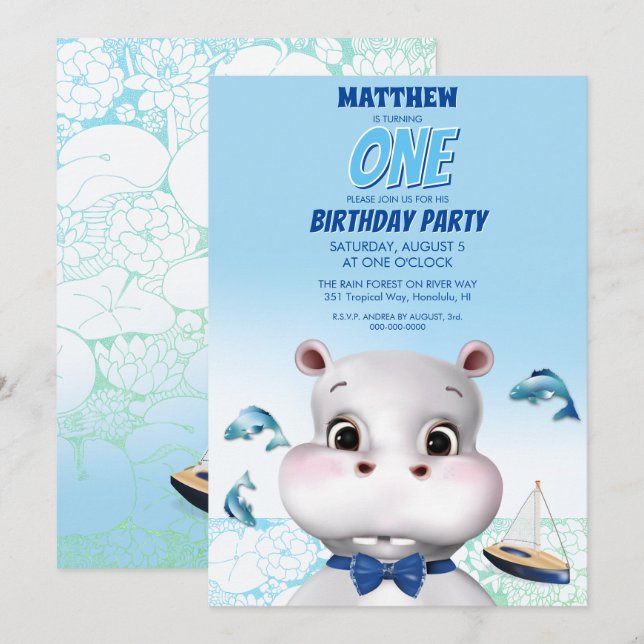 Invitation Hippo Blue Fish Boy Anniversaire (Devant / Derrière)