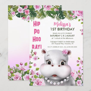 Invitation Hippo perles rose floral fille anniversaire