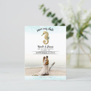 Invitation Hippocampe Bleu Vert et Or Aquarelle Save the Date