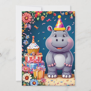 Invitation Hippopotame d'anniversaire avec gâteau et ballons