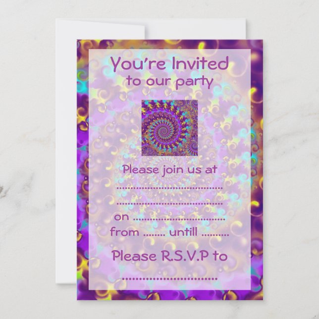 Invitation Hippy Fracty Motif violet Turquoise & Jaune (Devant)