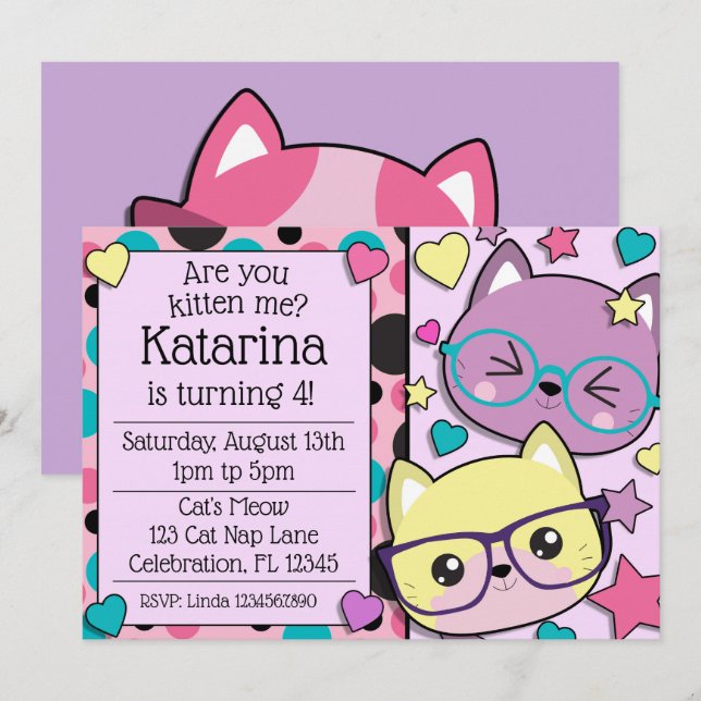 Invitation Hipster Nerdy Kitten Cats Girls Anniversaire (Devant / Derrière)