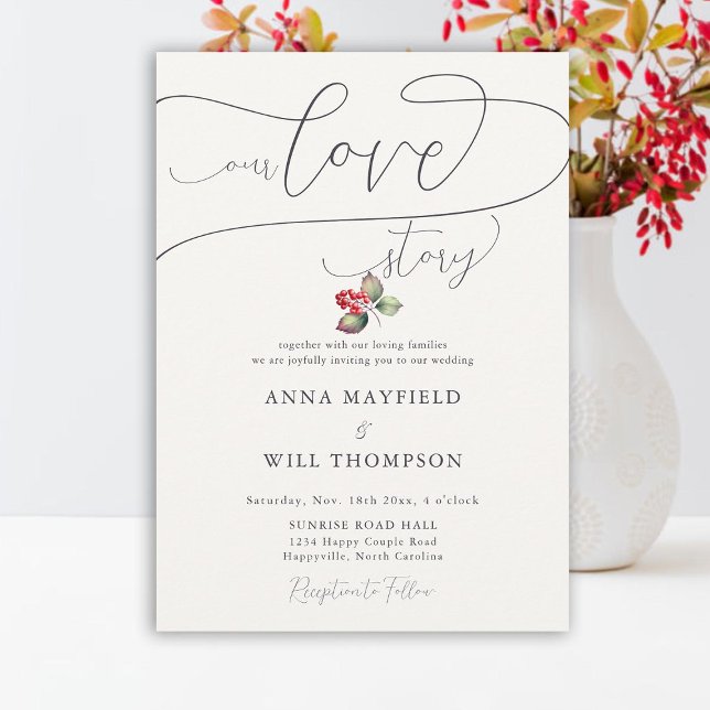Invitation Histoire d'amour romantique Berries d'hiver Elégan (winter red berries love story romantic elegant wedding invitation minimalist classy country rustic)