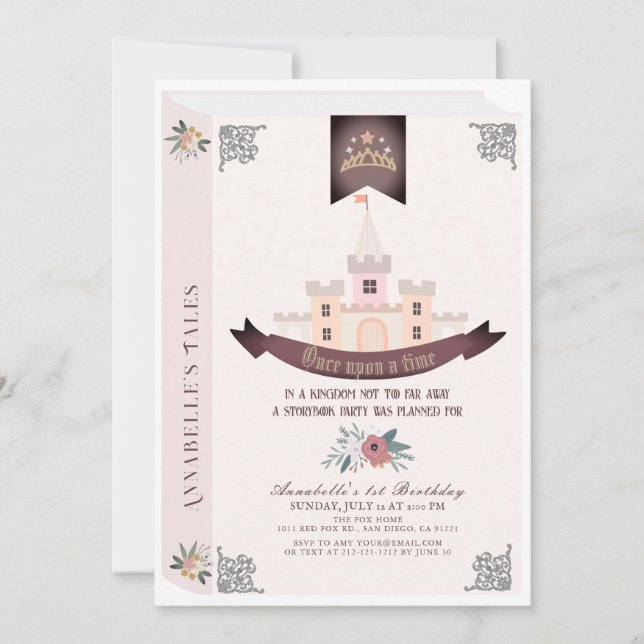 Invitation Histoire de conte de fées Livre rose 1er anniversa (Devant)