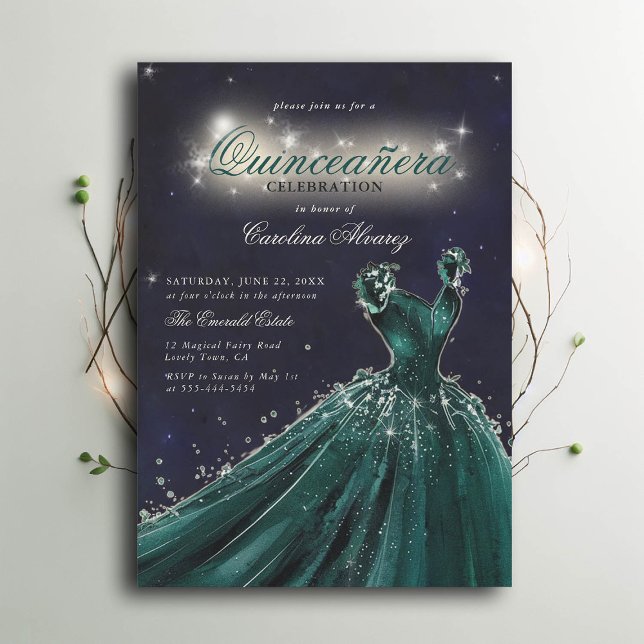 Invitation Histoire de fée nocturne enchantée Princesse Quinc (enchanted quinceanera princess dress invitation emerald green navy sparkles calligraphy)