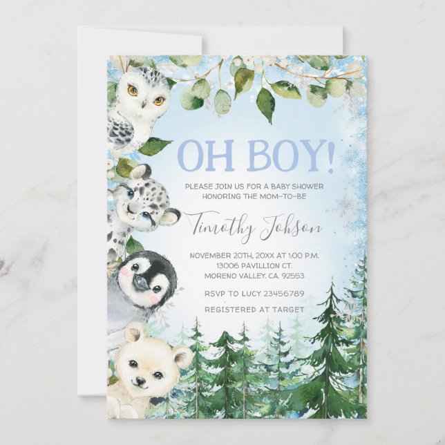 Invitation Hiver Arctic Animaux Pine Tree Boy Baby shower (Devant)