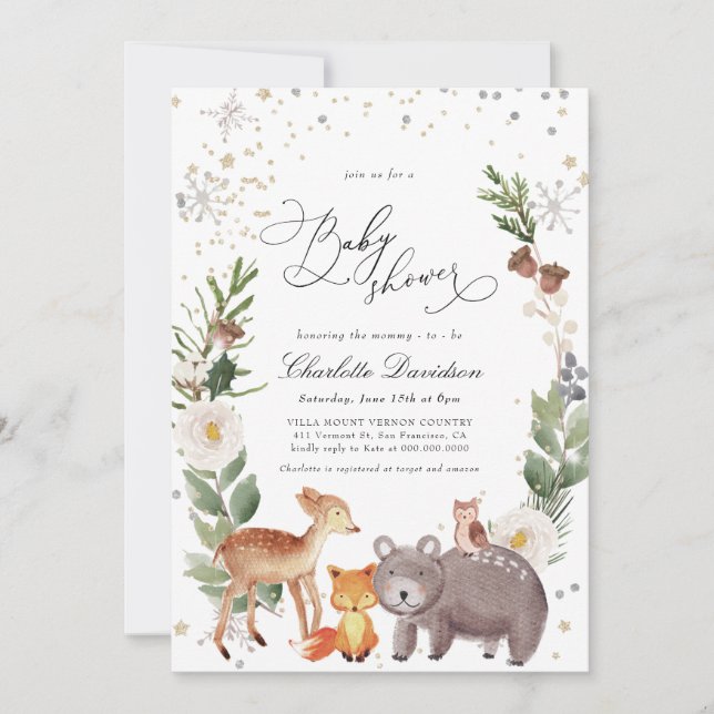 Invitation Hiver Arctique Animaux Baby showers neutres selon  (Devant)
