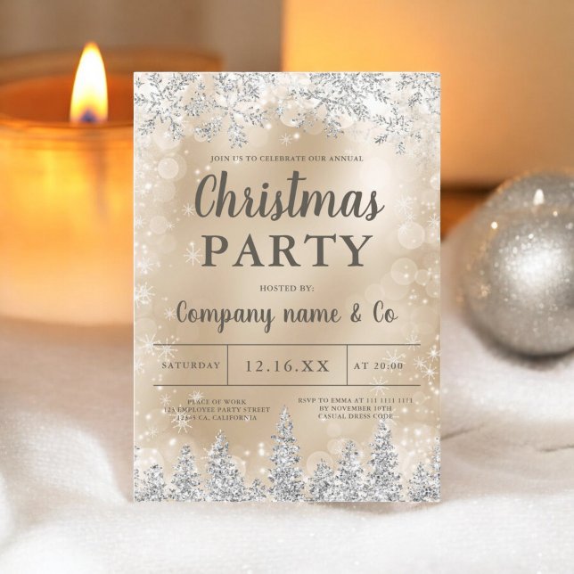 Invitation hiver argent neige pin or entreprise Noël (Winter silver snow pine gold corporate Christmas Invitation)