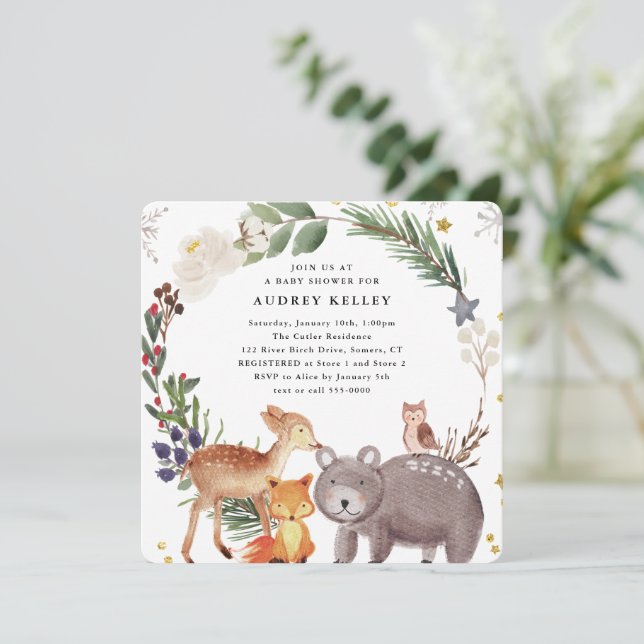 Invitation Hiver Baby shower des animaux de bois Carré (Debout devant)