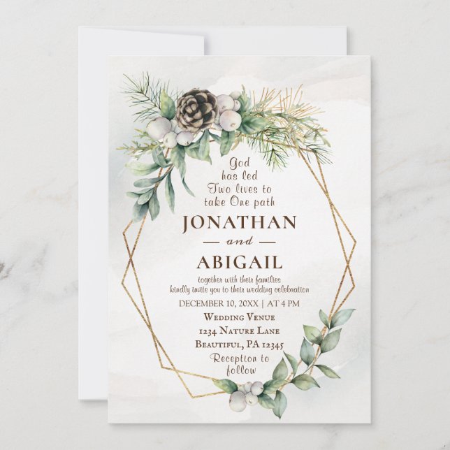 Invitation Hiver Baies blanches Verdure Mariage chrétien (Devant)