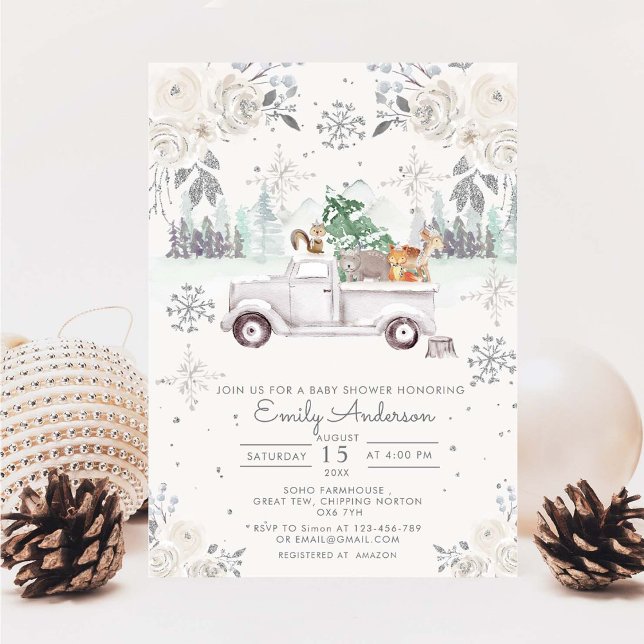 Invitation Hiver Blanc Floral Baby shower forestier (Créateur téléchargé)