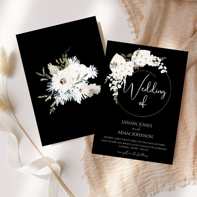 Invitation Hiver Blanc Floral Noir Mariage de couronne de Noë (Winter White Floral Black Christmas Wreath Wedding Invitation)