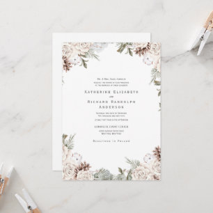 Invitation Hiver Blanc Floral Pine Cône Un site Mariage