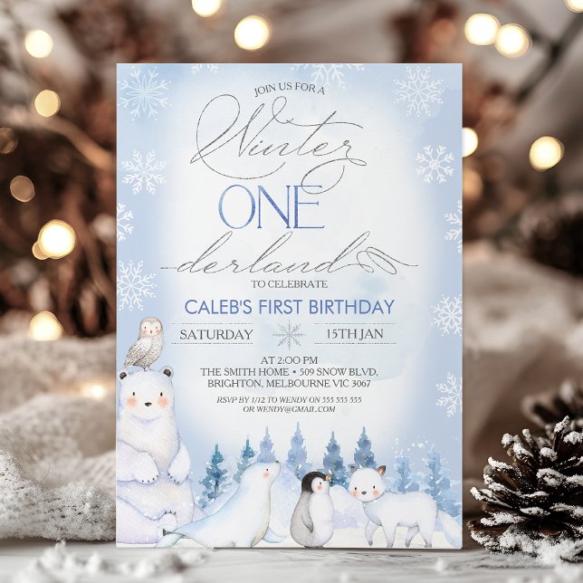 Invitation Hiver Bleu Arctique Animaux Onederland 1er anniver (Onederland Arctic Animals Birthday Invitation, Boys Winter Onederland Invitation Template, Blue )