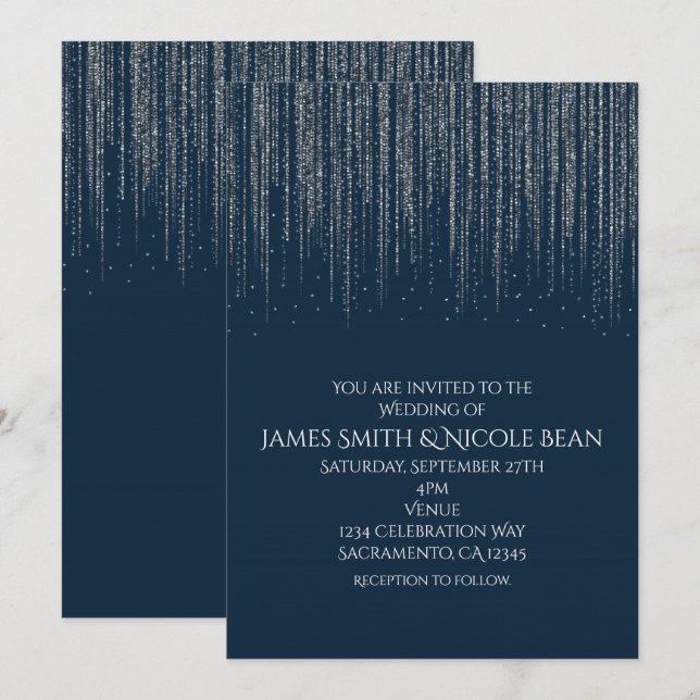 Invitation Hiver Bleu et Argent Éclairage de glace Mariage (Devant / Derrière)