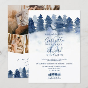 Invitation Hiver bleu forêt bois aquarelle photo mariage