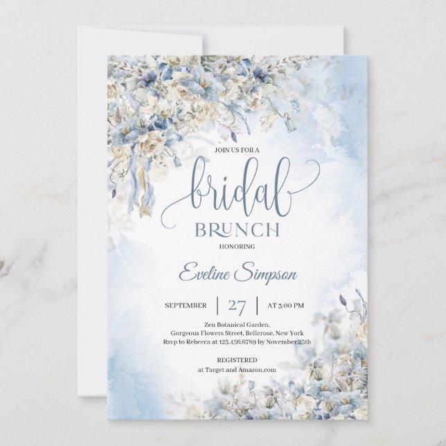 Invitation Hiver bleu poussiéreux fleurs eucalyptus brunch nu (Devant)