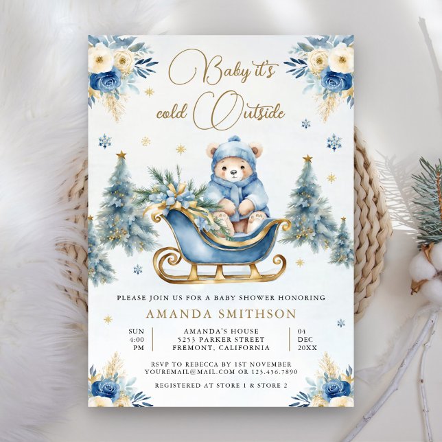 Invitation Hiver Blue Gold Floral Teddy Bear Baby shower (Créateur téléchargé)