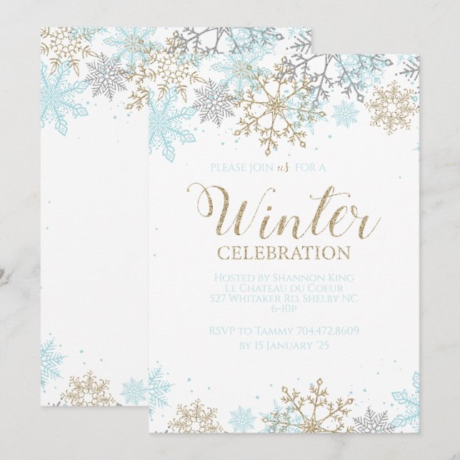 Invitation Hiver Blue Gold Silver Snowflakes Anniversaire (Devant / Derrière)