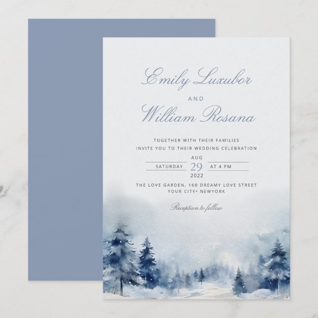 Invitation Hiver Blue Pine Snow Mounts Mariage (Devant / Derrière)