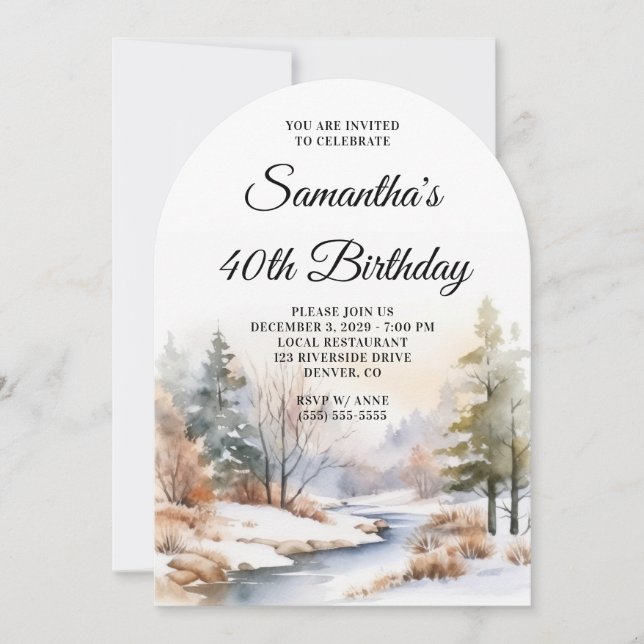 Invitation Hiver Boho Forest aquarelle Photo 40e anniversaire (Devant)