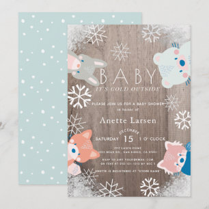Invitation Hiver Bois Animaux Baby shower Bleu Flocon de neig