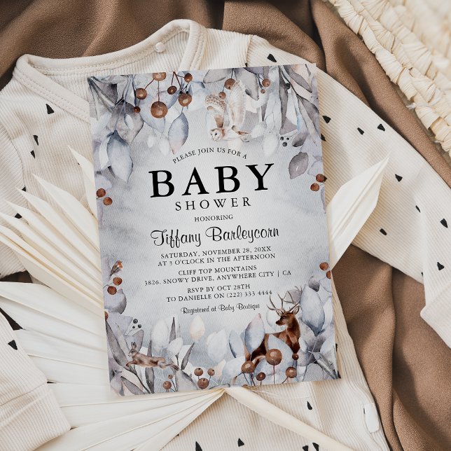 Invitation Hiver Bois Animaux Baby shower d'aquarelle (Créateur téléchargé)