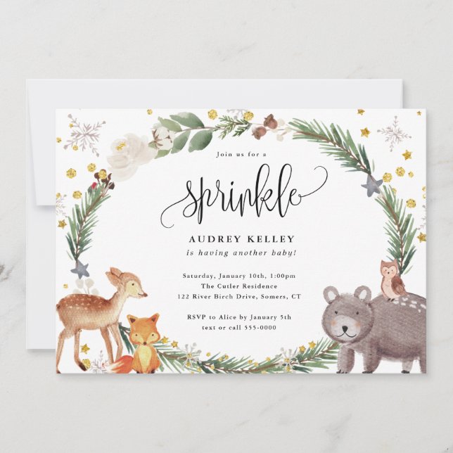 Invitation Hiver Bois Animaux Bébé Sprinkle Douche (Devant)
